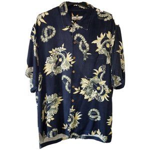 TOMMY BAHAMA Men's Large Navy w/Hawaiian Print 100% Silk Button Front Camp Shirt
